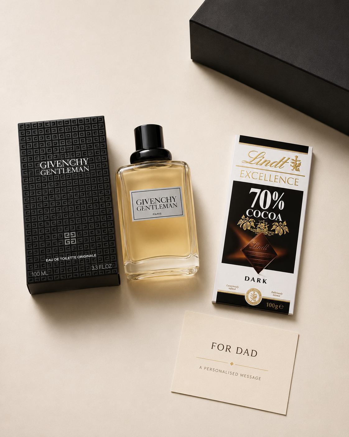 The Edit Father’s Day gift with Givenchy Gentleman, Lindt Excellence, a personalised card and Hamilton presentation box